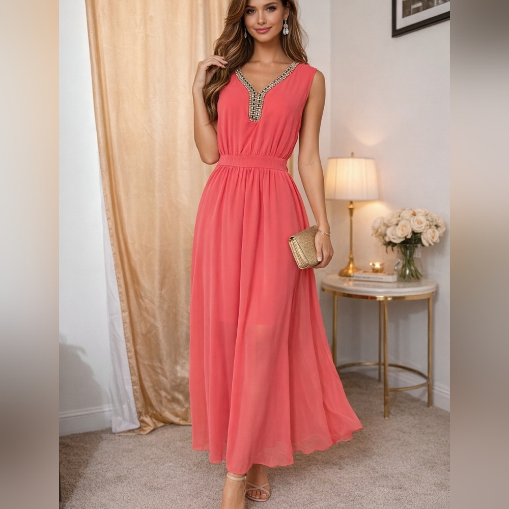 Embellished V-Neck Coral Maxi Dress